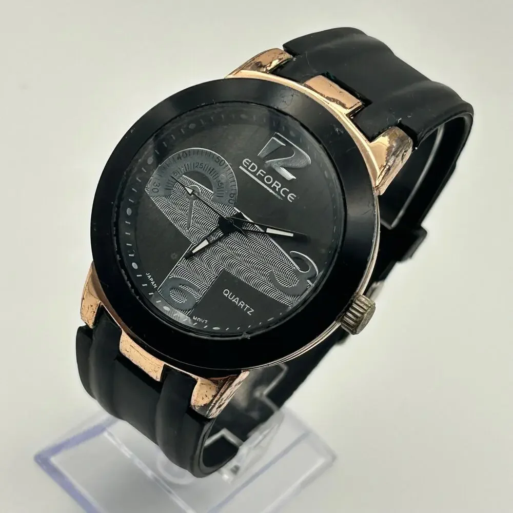 Edforce Men’s Quartz Watch with Rose-gold Accents Black Rubber Strap New Battery
